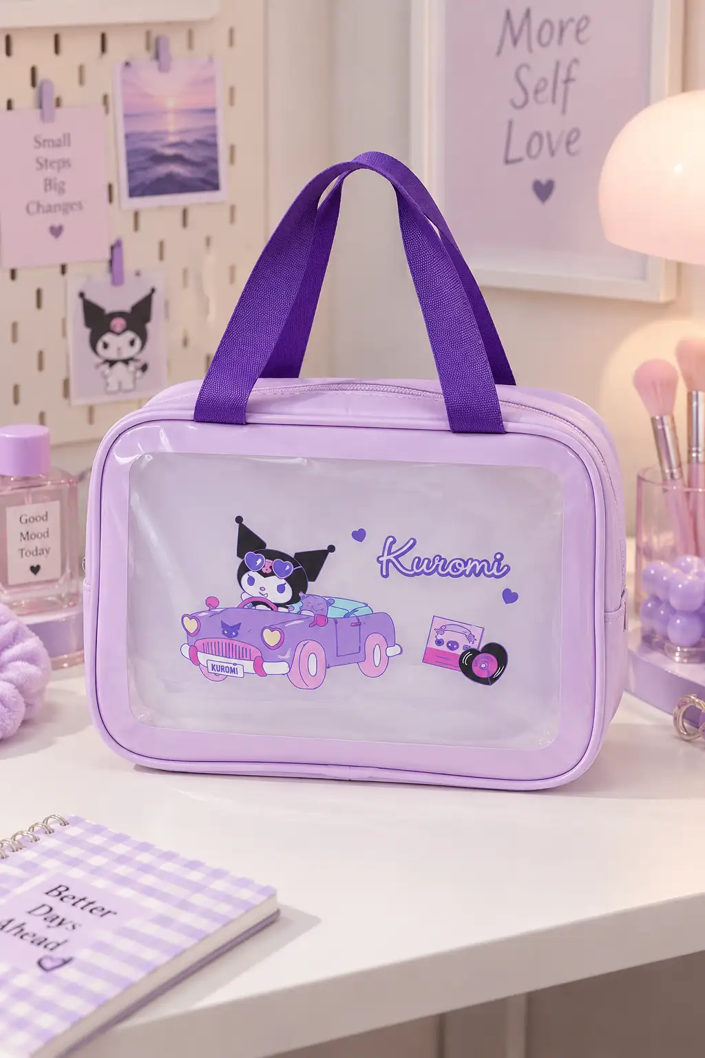 Sanrio Lisanslı Kuromi Seyahat Çantası - PU Deri ve PVC Detaylı Fonksiyonel Kozmetik Çantası