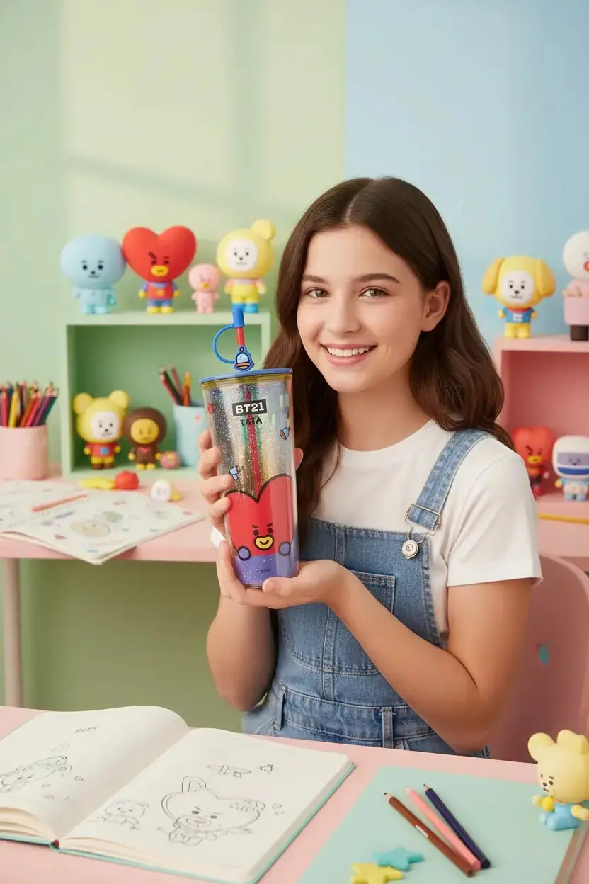 BT21 Lisanslı Tata Çift Cidarlı Pipetli Şişe – Holografik Tasarım Soğuk İçecek Matarası 800 Ml