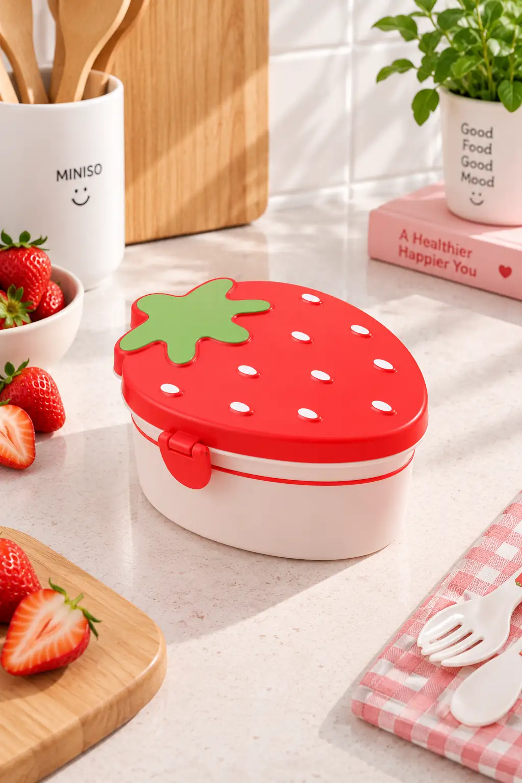 Miniso Lisanslı Çilek Serisi Öğle Yemeği Kutusu 750 Ml – Çatal Bıçaklı