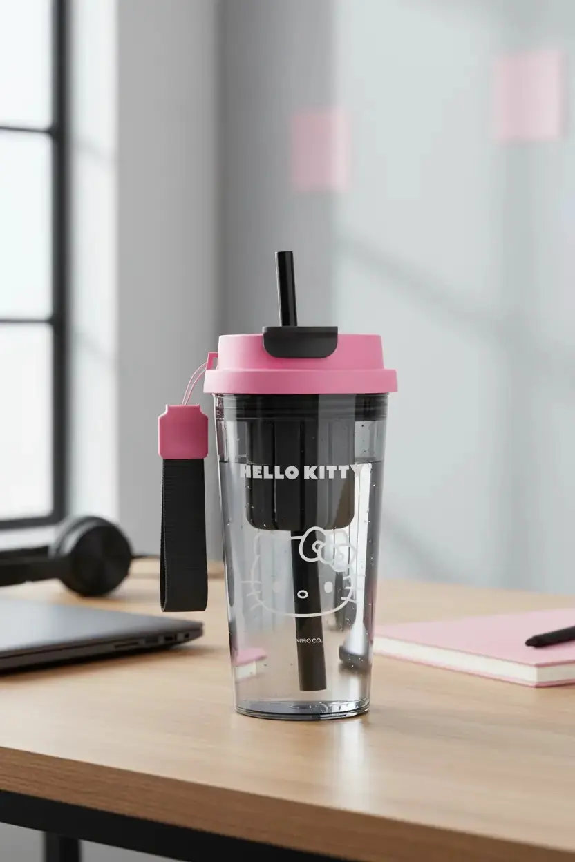 Hello Kitty Siyah Beyaz Serisi Çift İçimli Plastik Matara (5