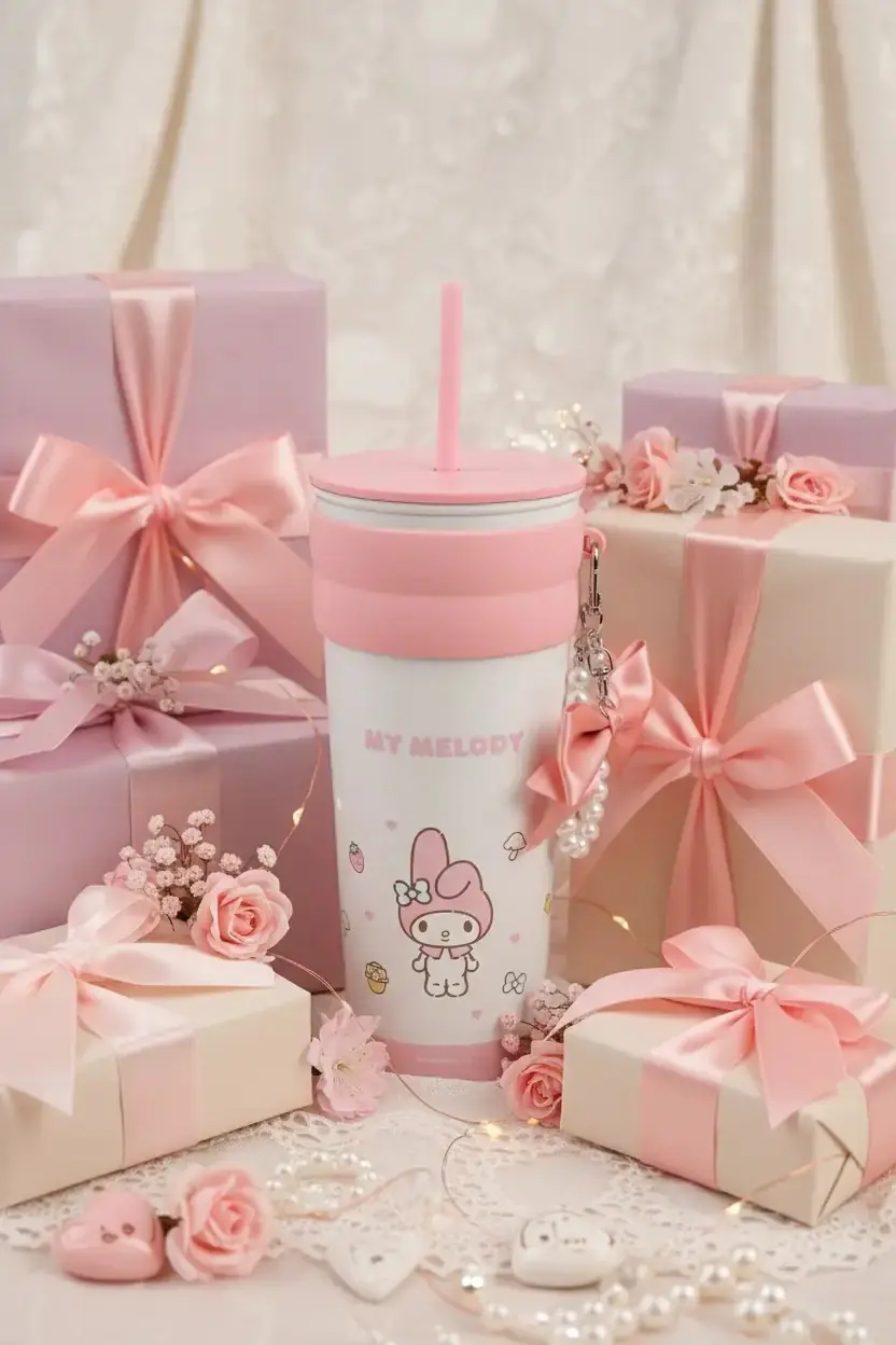 Sanrio Lisanslı Askılı ve Pipetli Paslanmaz Çelik Matara – My Melody Temalı Sızdırmaz Çelik Matara