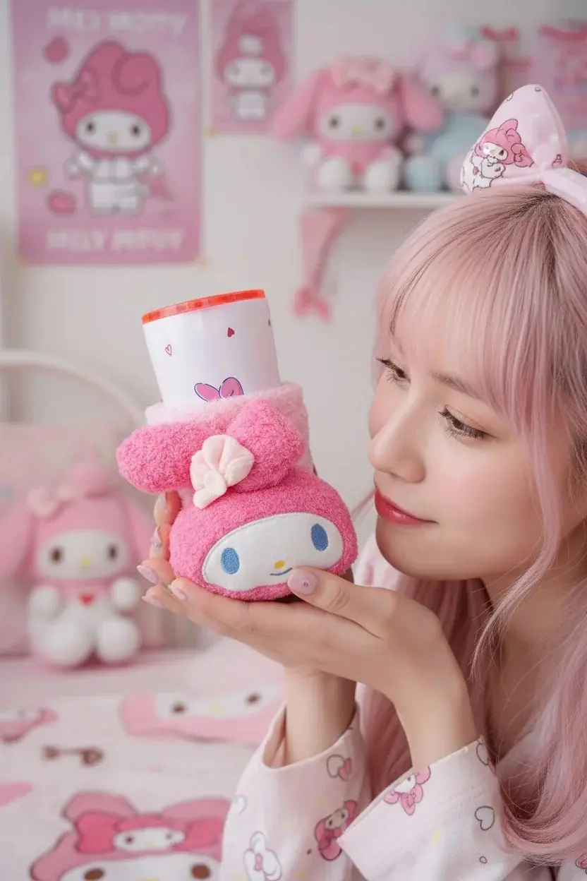Sanrio Lisanslı My Melody Paslanmaz Çelik Bardak – Peluş Dekoratif Kılıflı ve Sızdırmaz Kapaklı Koleksiyonluk Tasarım Bardak 550 ML