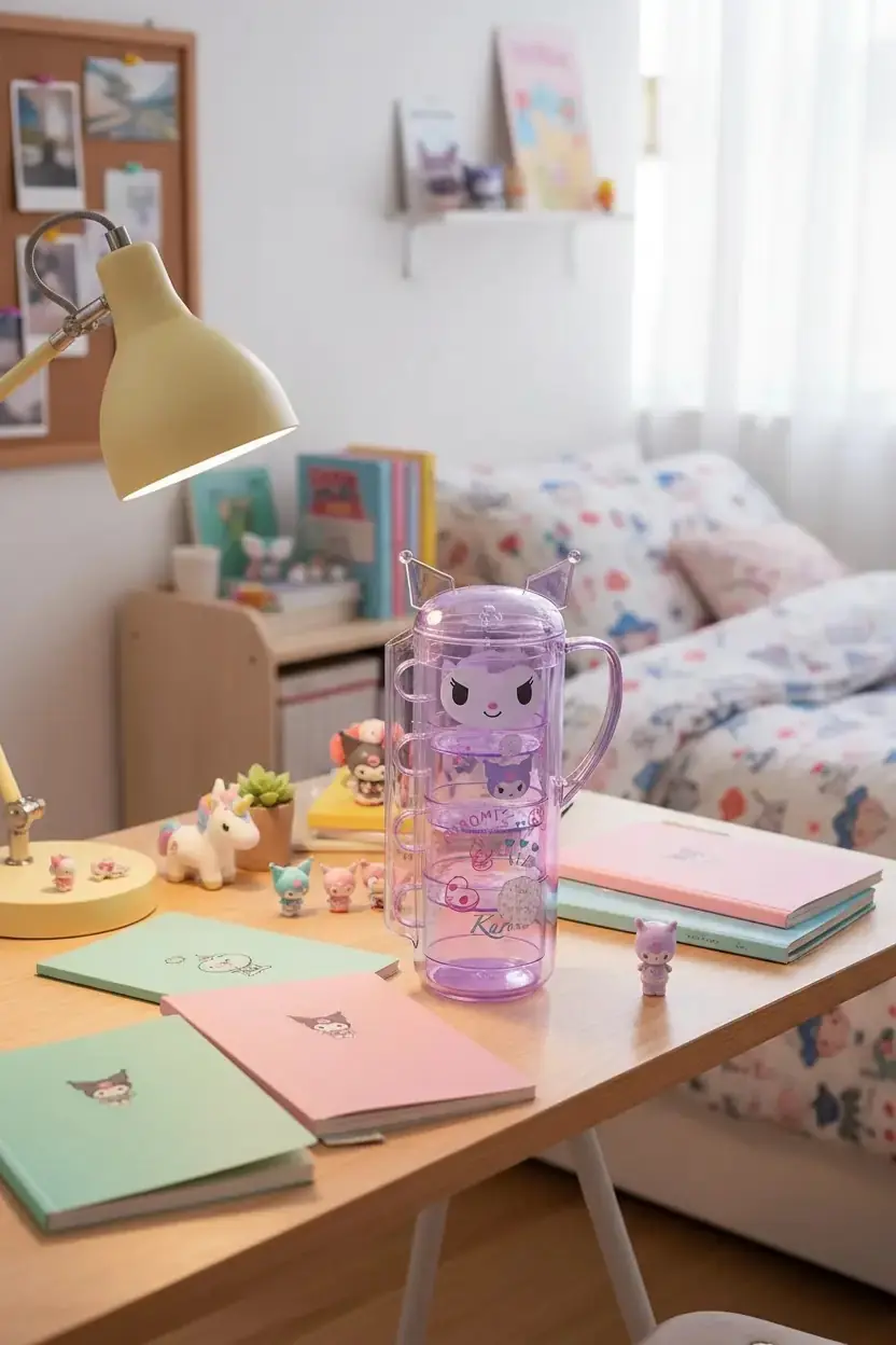 Sanrio Lisanslı Yer Tasarruflu İstiflenebilir Bardaklı Sürahi Seti Kuromi 1400 ml