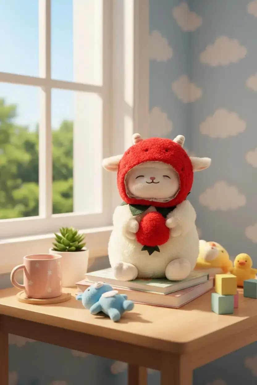 Miniso Lisanslı Kuzu Baa Serisi Çilek Şapkalı Peluş Oyuncak 25 Cm – Yumuşacık Dekoratif Tasarım