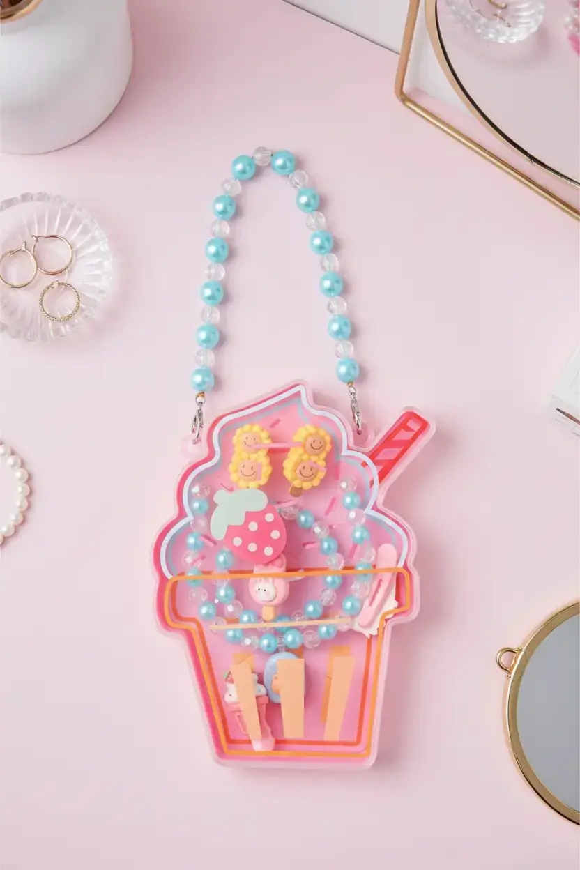 Miniso Lisanslı Lovely Serisi Küçük Dondurma Figürlü Toka Seti – İnci Saplı Taşıma Çantalı ve Renkli Saç Aksesuarı