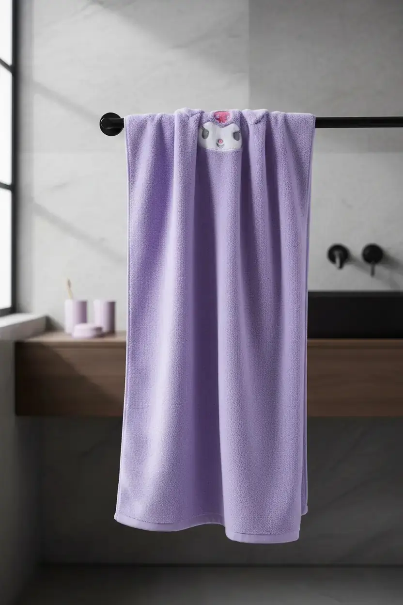 Kuromi Lisanslı Mercan Polar Emici Banyo Havlusu 140 x 70 cm – Mor Yumuşak Tasarım