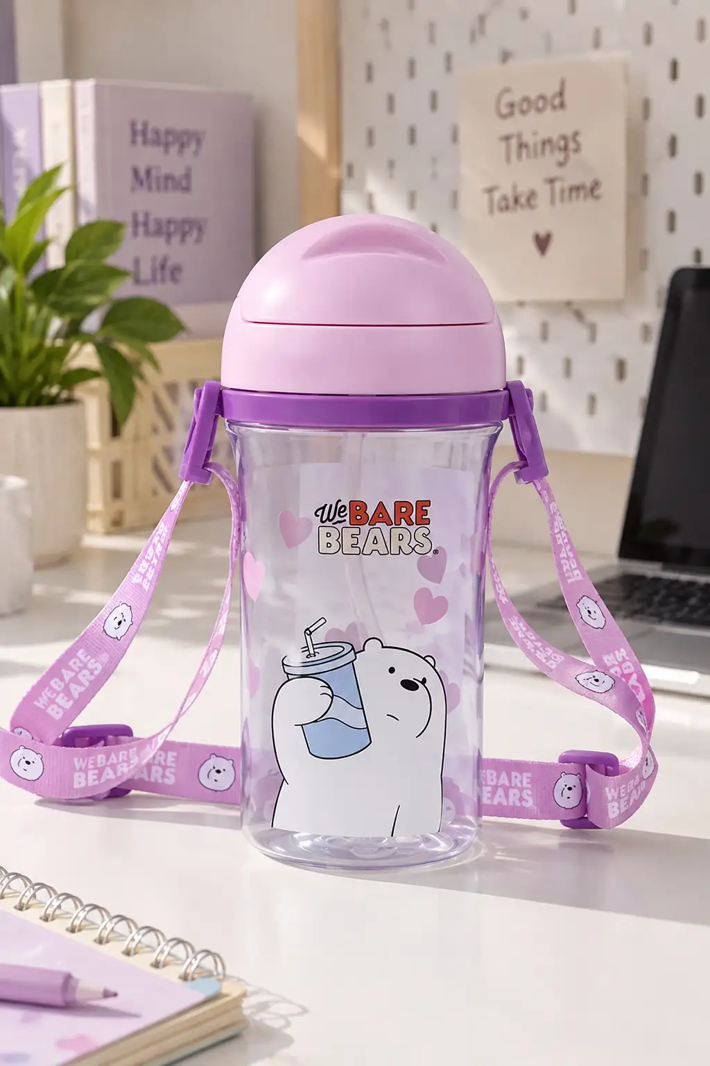 We Bare Bears Lisanslı Kutup Ayısı Pipetli Suluk – Ayarlanabilir Askılı Sızdırmaz Matara 400 ML