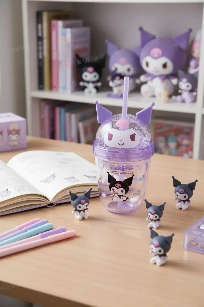 Sanrio Lisanslı Kuromi Tatlı Fabrikası Serisi Kulak Detaylı Pipetli Su Şişesi 435 ml