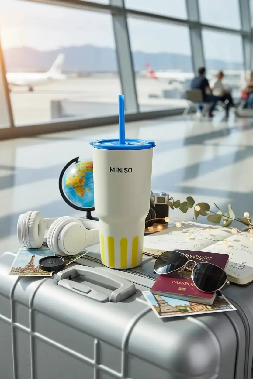 Miniso Lisanslı Çizgili Pipetli Çelik Matara – Sızdırmaz