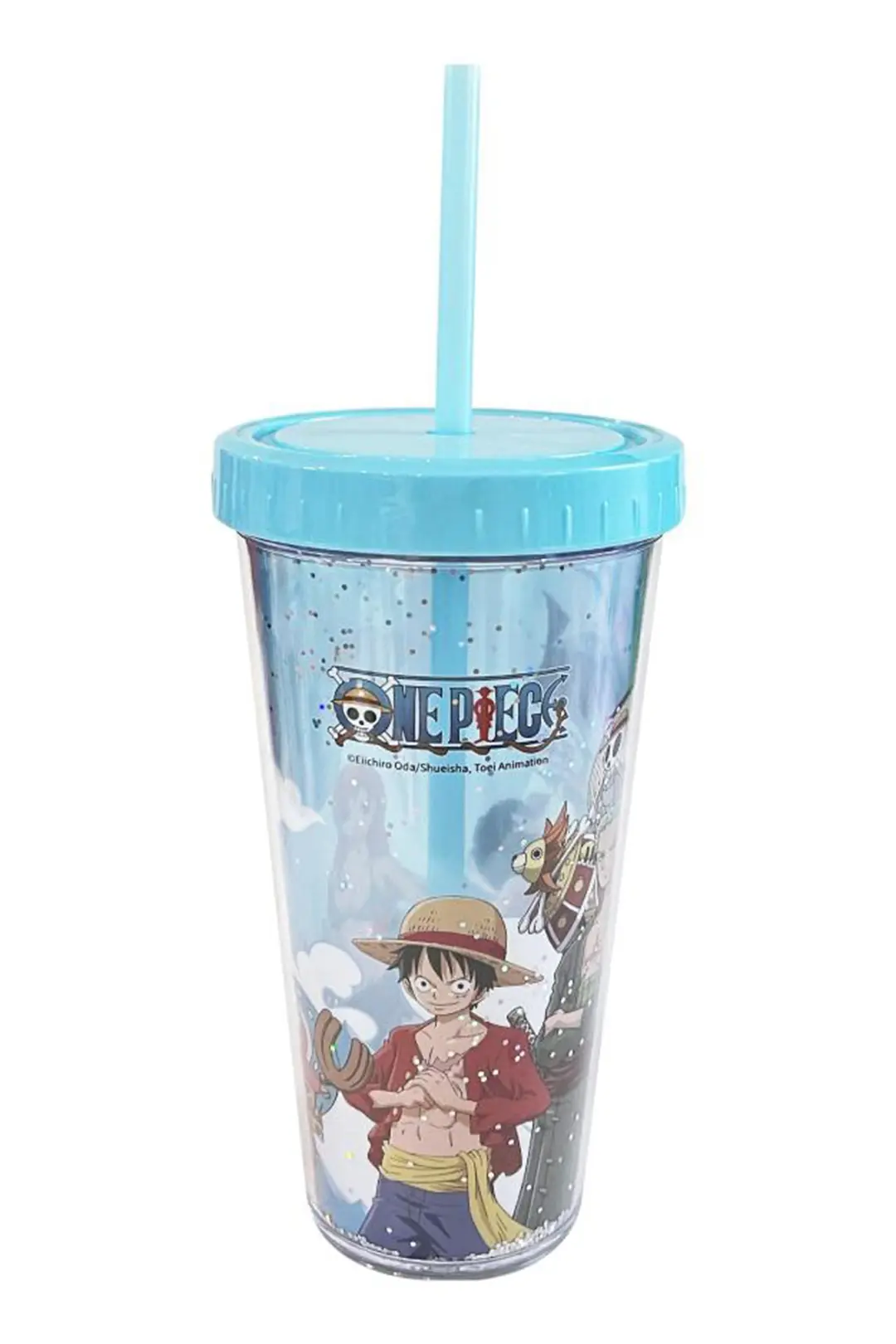 One Piece Lisanslı Çift Cidarlı Pipetli Plastik Su Kabı Mavi – 420 ml Terleme Yapmaz Şeffaf Matara