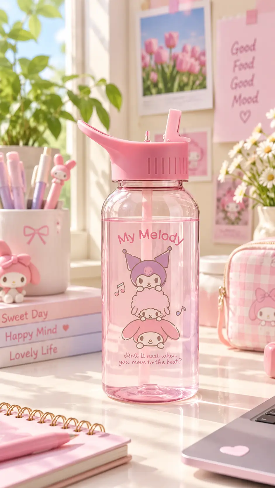 Sanrio Lisanslı Hello Kitty ve Arkadaşları Parti Serisi Saplı Pipetli Matara