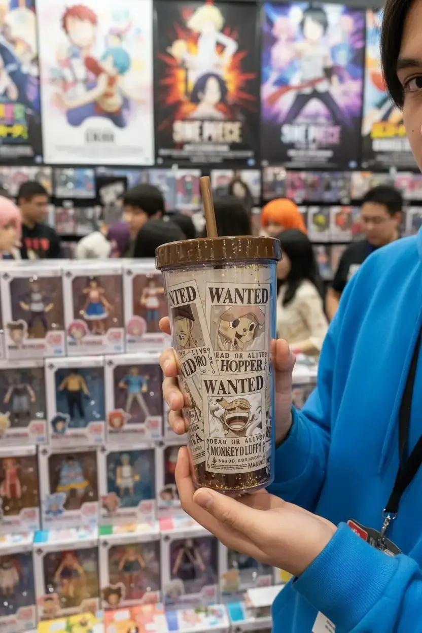 One Piece Lisanslı Wanted Temalı Çift Cidarlı Pipetli Plastik Su Kabı – 420 ml Terleme Yapmaz Matara