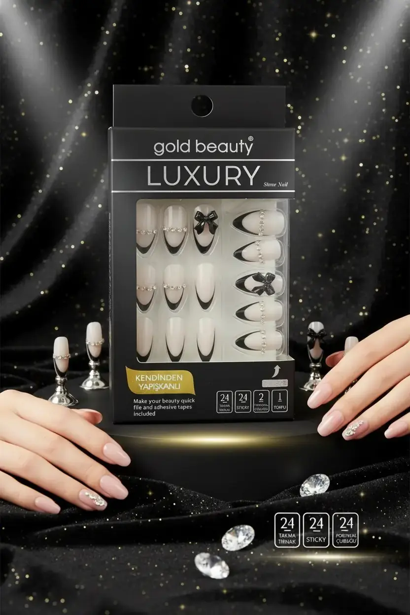 Gold Beauty Taşlı Takma Tırnak – Kendinden Yapışkanlı ve Zarif Detaylı Pratik Set