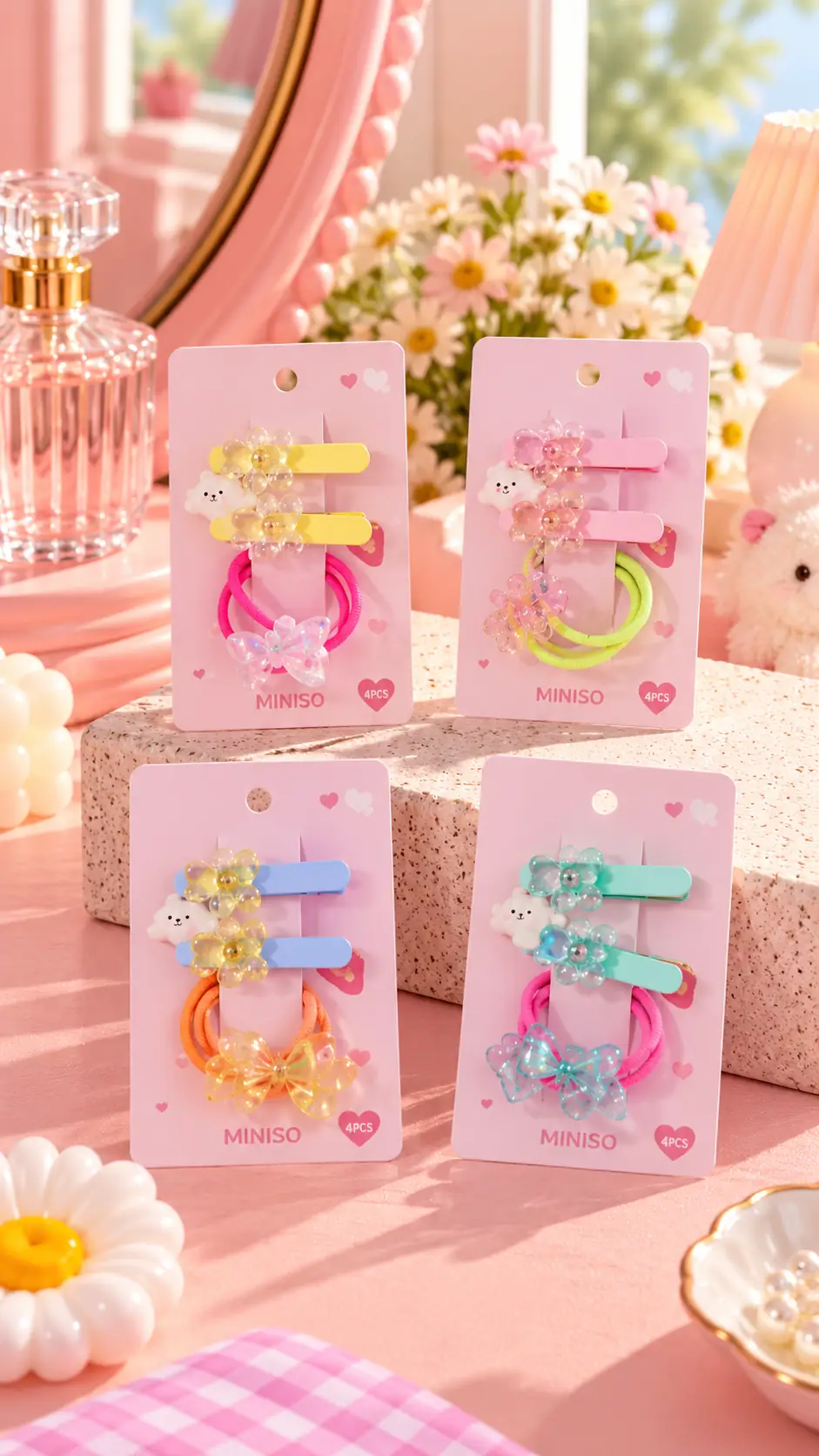 Miniso Lisanslı Eğlence Serisi Ayıcık Figürlü 4'lü Saç Toka Seti – Çocuklar İçin Sevimli ve Renkli Saç Aksesuarı
