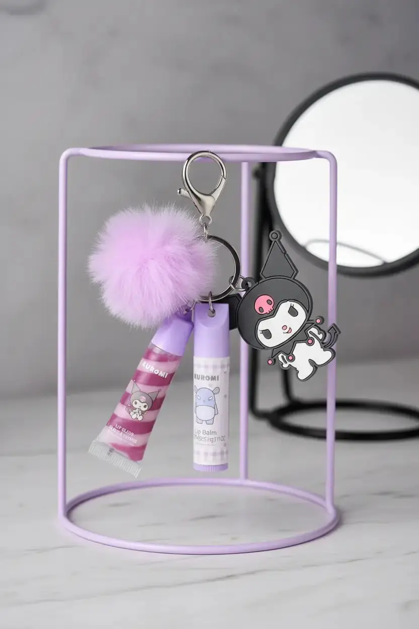 Sanrio Lisanslı Ponpon Anahtarlıklı Dudak Bakım Seti - Kuromi