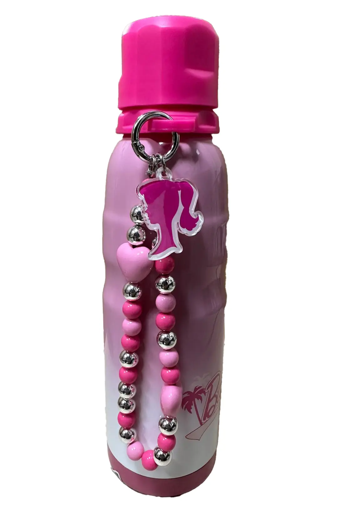 Barbie Lisanslı 304 Paslanmaz Çelik Termos – Boncuklu Zincir Süslemeli ve Pipetli İkonik Pembe Sızdırmaz Termos 600 ML