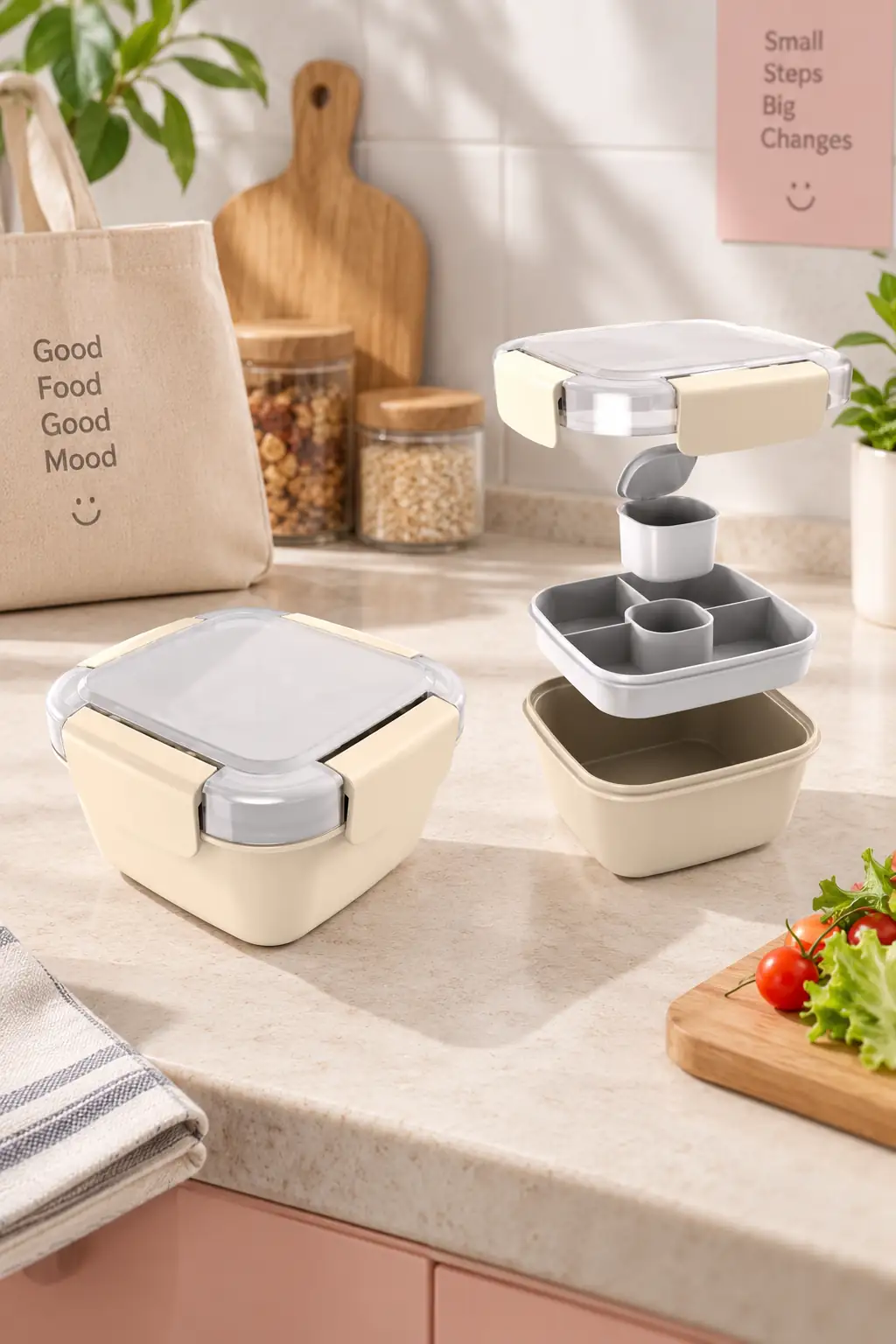 Miniso Lisanslı Graceful 2 Bölmeli Salata Kabı Bej 1.1 L