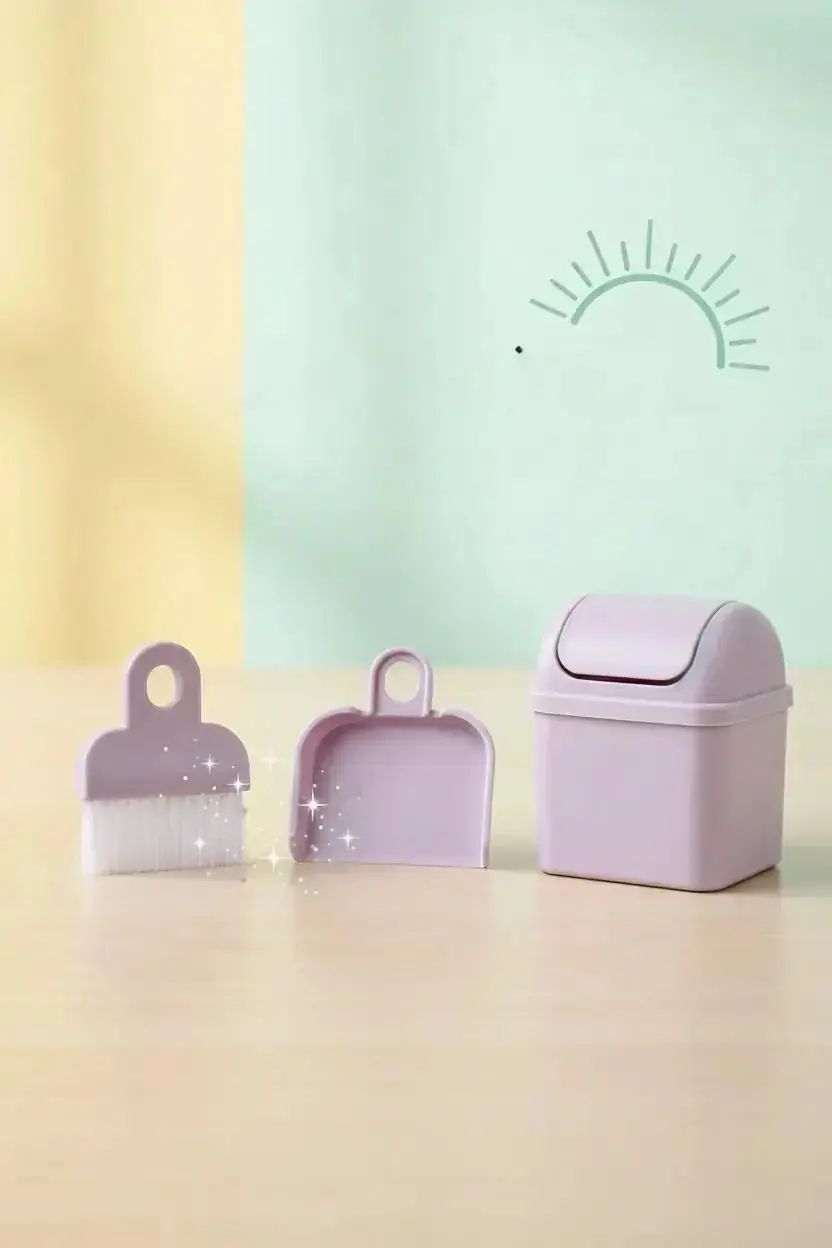 Miniso Lisanslı Makaron Masaüstü Temizlik Seti 3 Parça Mor – Mini Fırça ve Kürek