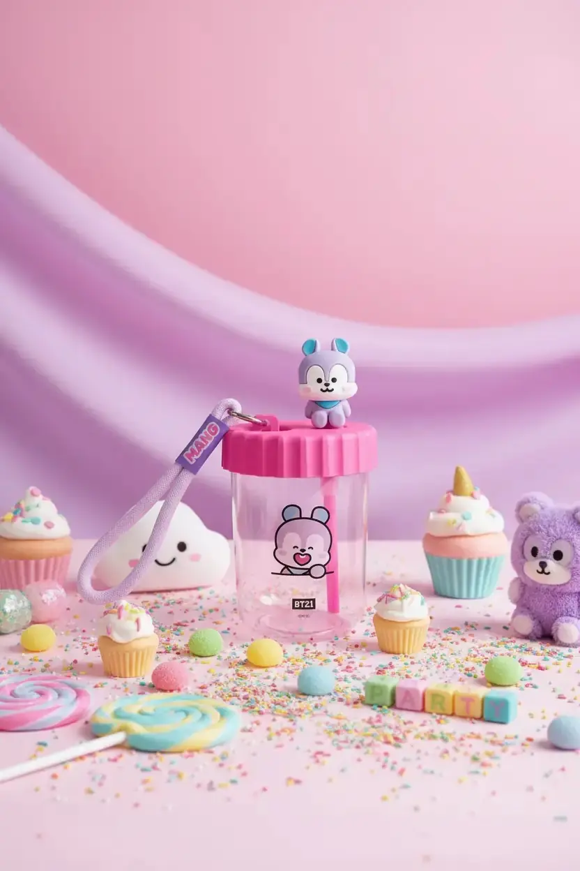 BT21 Lisanslı Süslemeli ve Askılı Plastik Şişe (520mL) - Mang