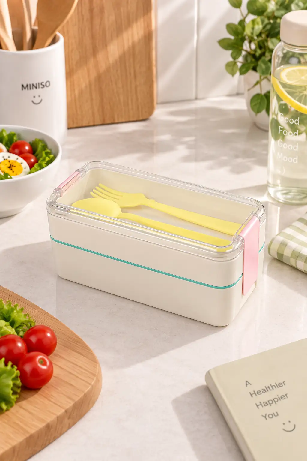 Miniso Lisanslı Çizgili Çift Katlı Beslenme Kutusu 750 mL Bej – Çatal Kaşık Setli