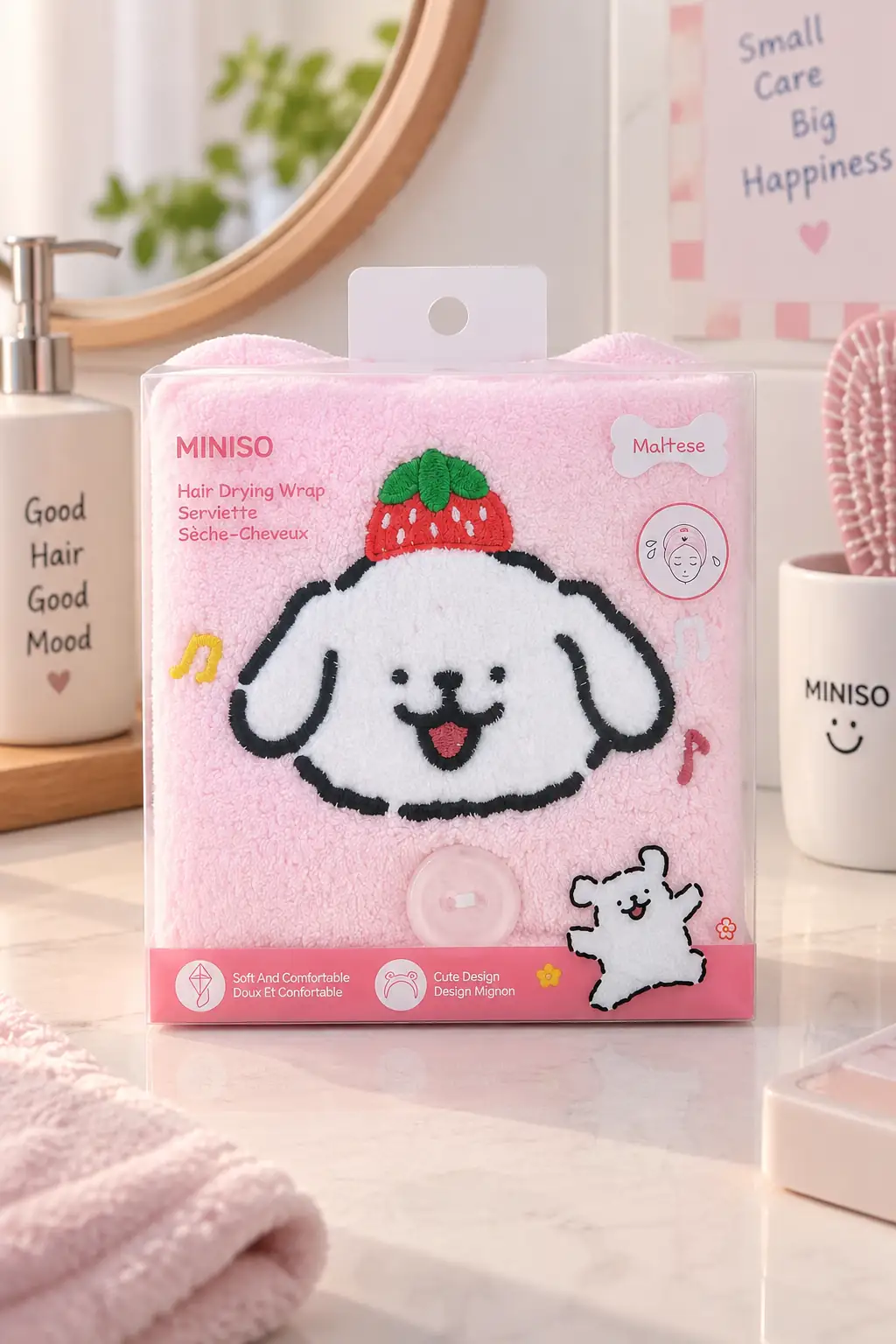 Miniso Lisanslı Maltese Serisi Nakışlı Saç Kurutma Havlusu – Yüksek Emici & Yumuşak Dokulu