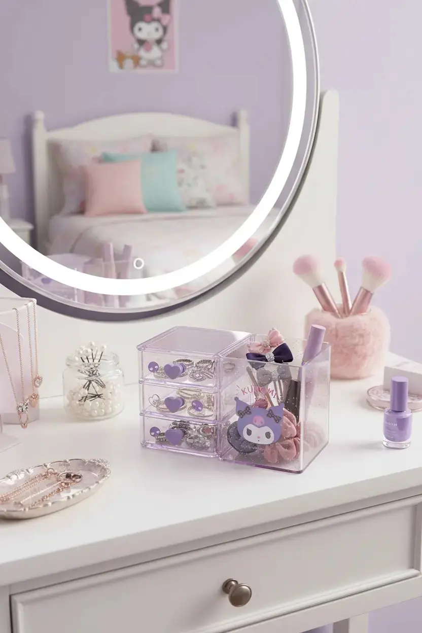 Sanrio Lisanslı Kuromi Mini 3 Katmanlı Masa Düzenleyici – Şeffaf Gövdeli Organizer 13.5 Cm