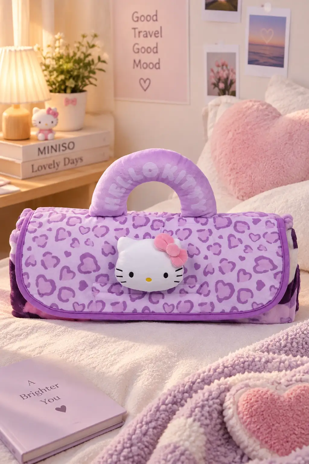 Hello Kitty Leopar Desenli Büyük Polar Battaniye, Saplı (Mor