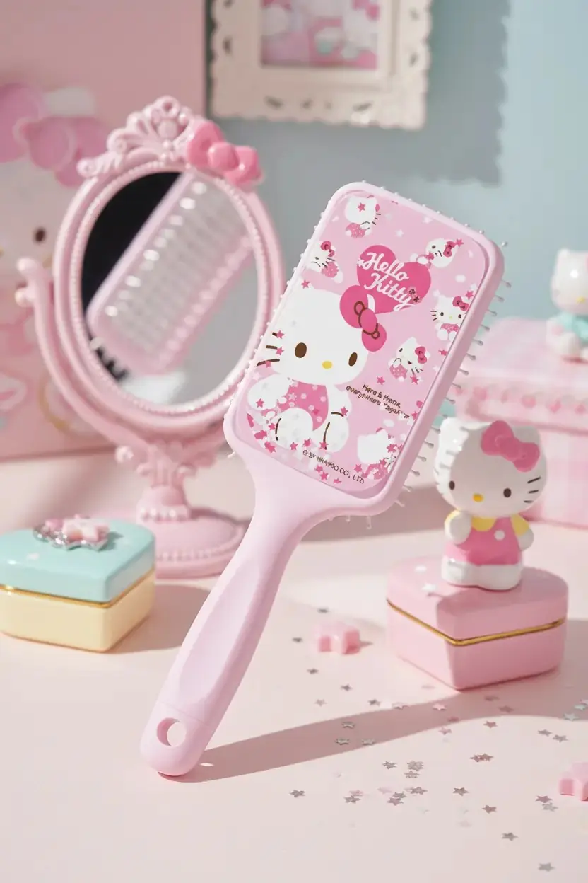 Sanrio Lisanslı Hello Kitty Pembe Serisi Simli Yastıklı Saç Fırçası – Konforlu ve Kolay Tarama 23 Cm