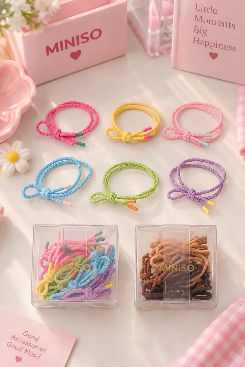 Miniso Lisanslı Kutulu Düğümlü Saç Tokaları (15 Adet) – Esnek & İz Bırakmayan Saç Lastiği