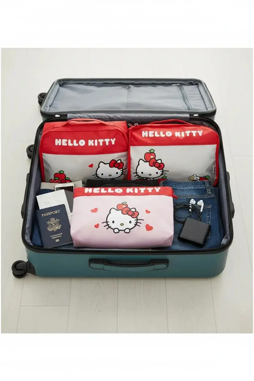 Sanrio Lisanslı Hello Kitty Seyahat Çantası – Valiz Düzenleyici 3’lü Set 32 Cm