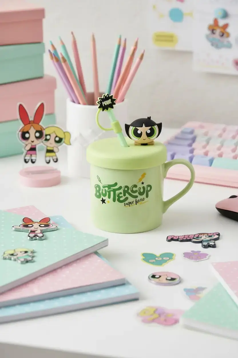 Powerpuff Girls Lisanslı Buttercup Süslemeli ve Pipetli Seramik Kupa 450 ML