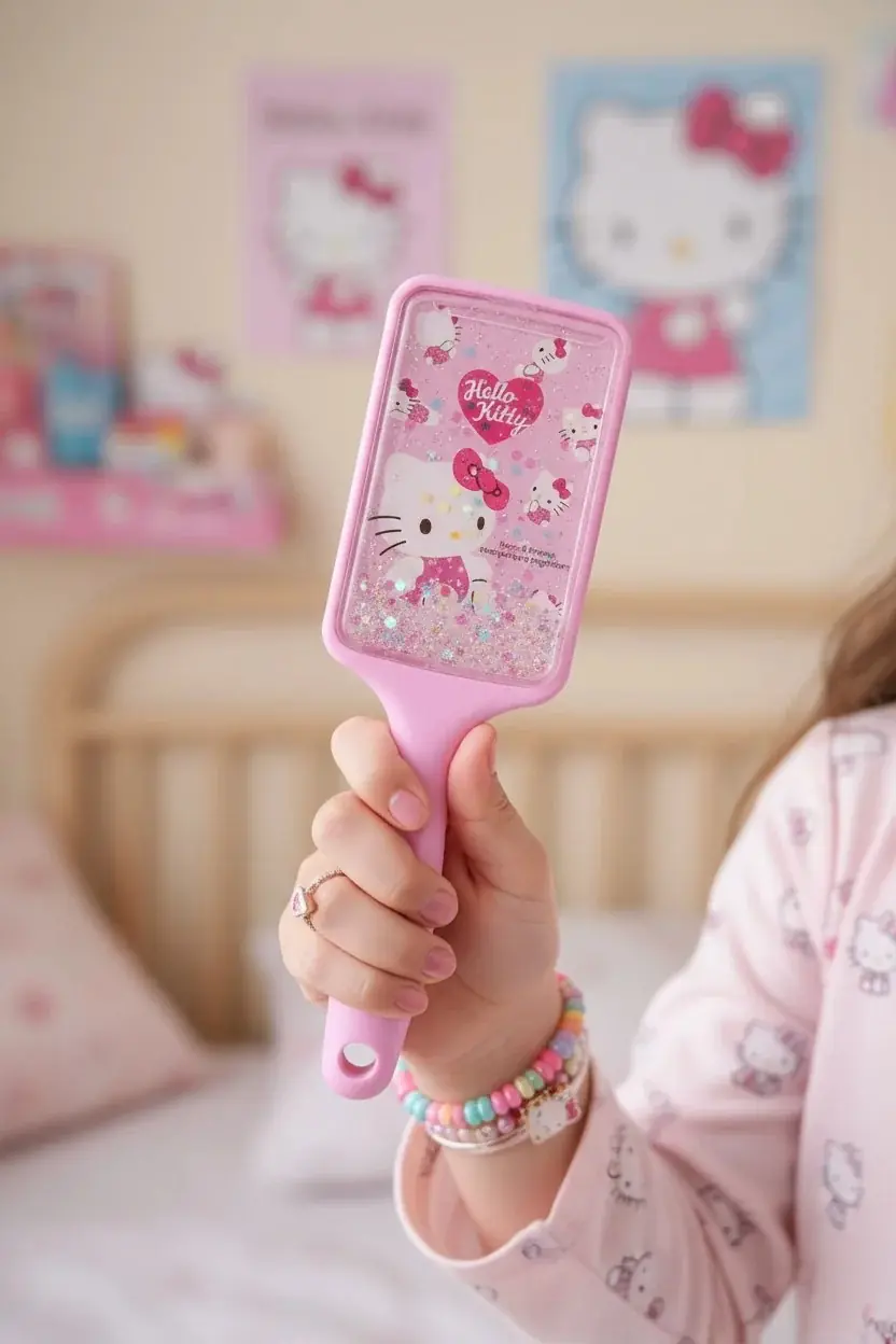 Sanrio Lisanslı Hello Kitty Pembe Serisi Simli Yastıklı Saç Fırçası – Konforlu ve Kolay Tarama 23 Cm