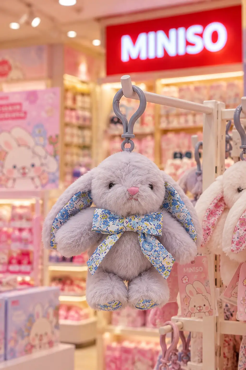 Miniso Lisanslı Fiyonklu Tavşan 6 İnç Peluş Askı Süsü Gri – Çiçek Desenli Model