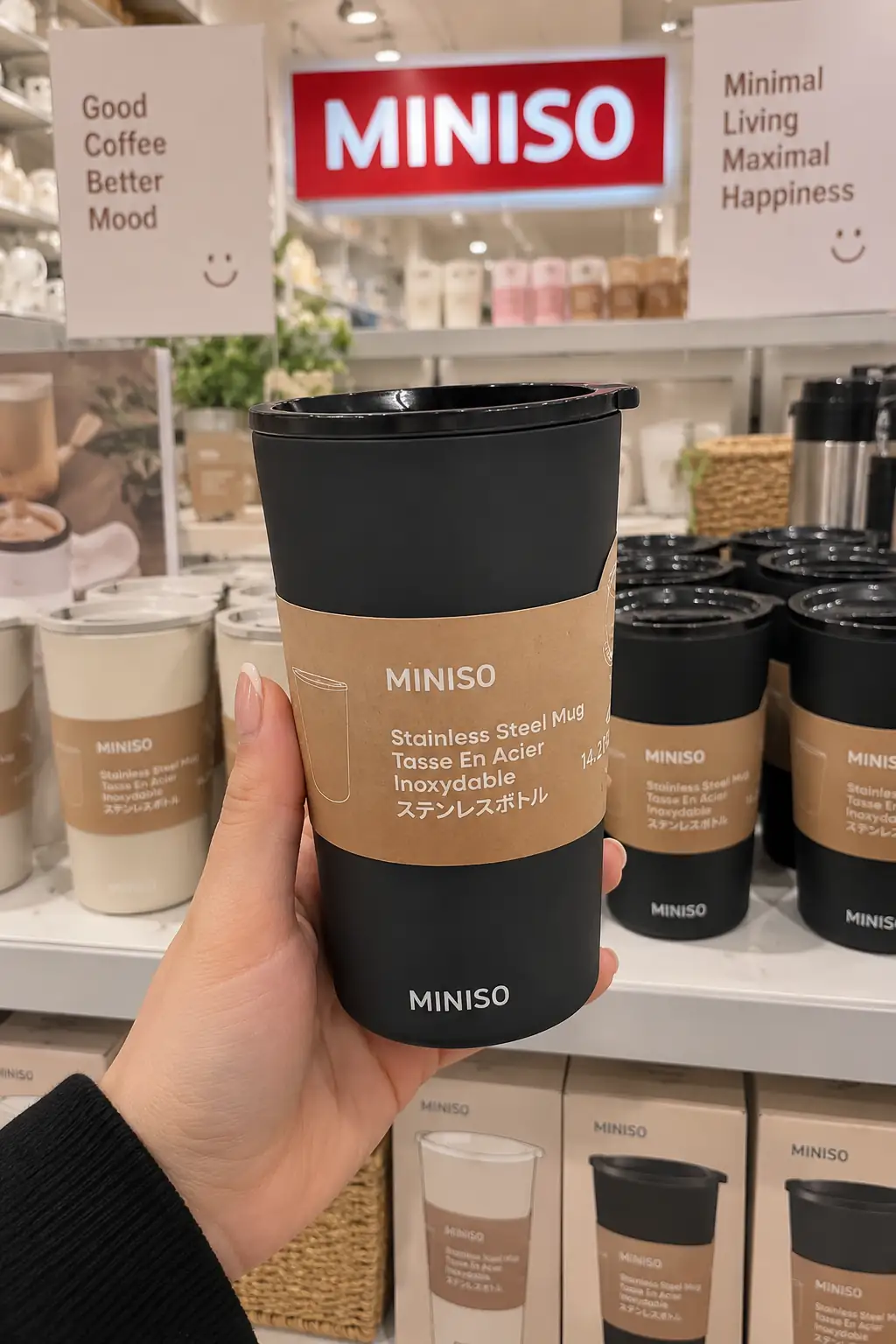 Miniso Lisanslı Coffee Serisi Çift Cidarlı Çelik Termos Bardak 420 mL Siyah – Isı Yalıtımlı Model