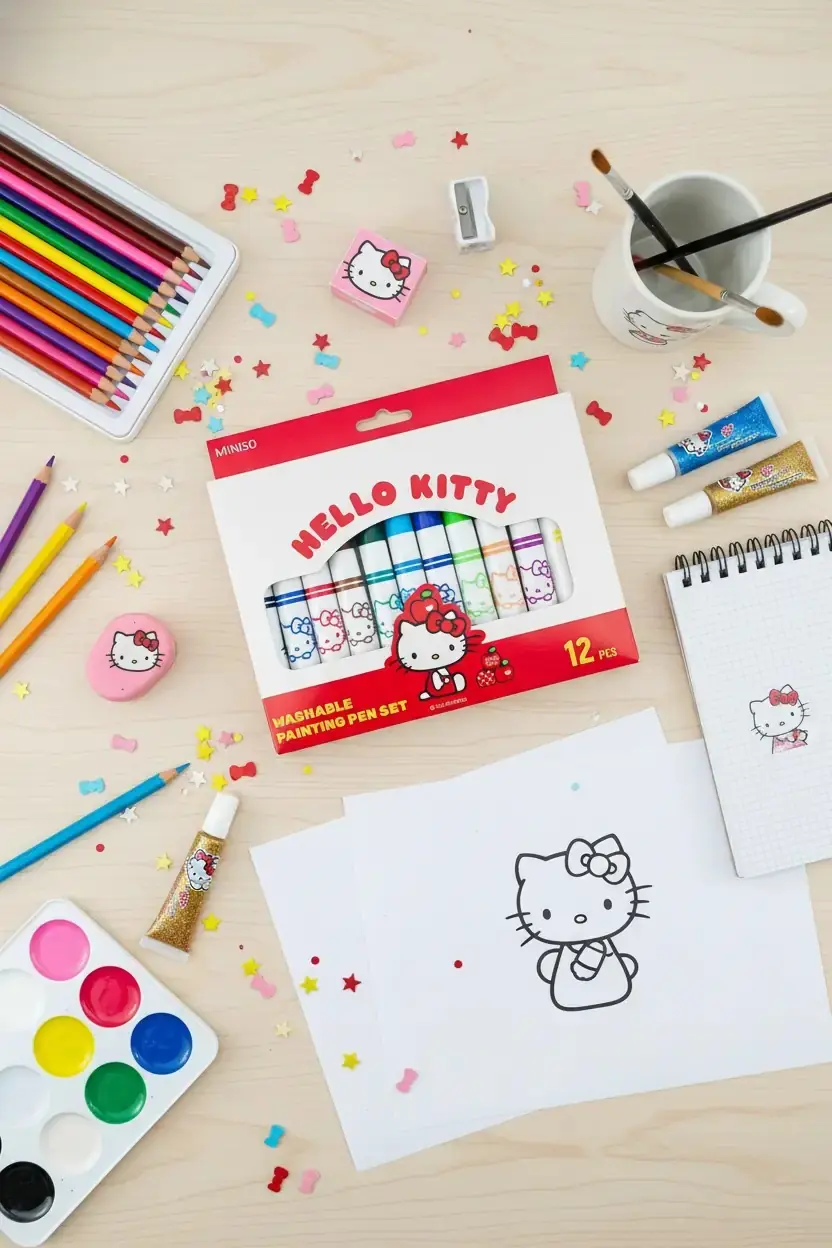 Sanrio Lisanslı Hello Kitty Sulu Boya Kalem Seti – 12 Renkli Yıkanabilir 14,7 Cm