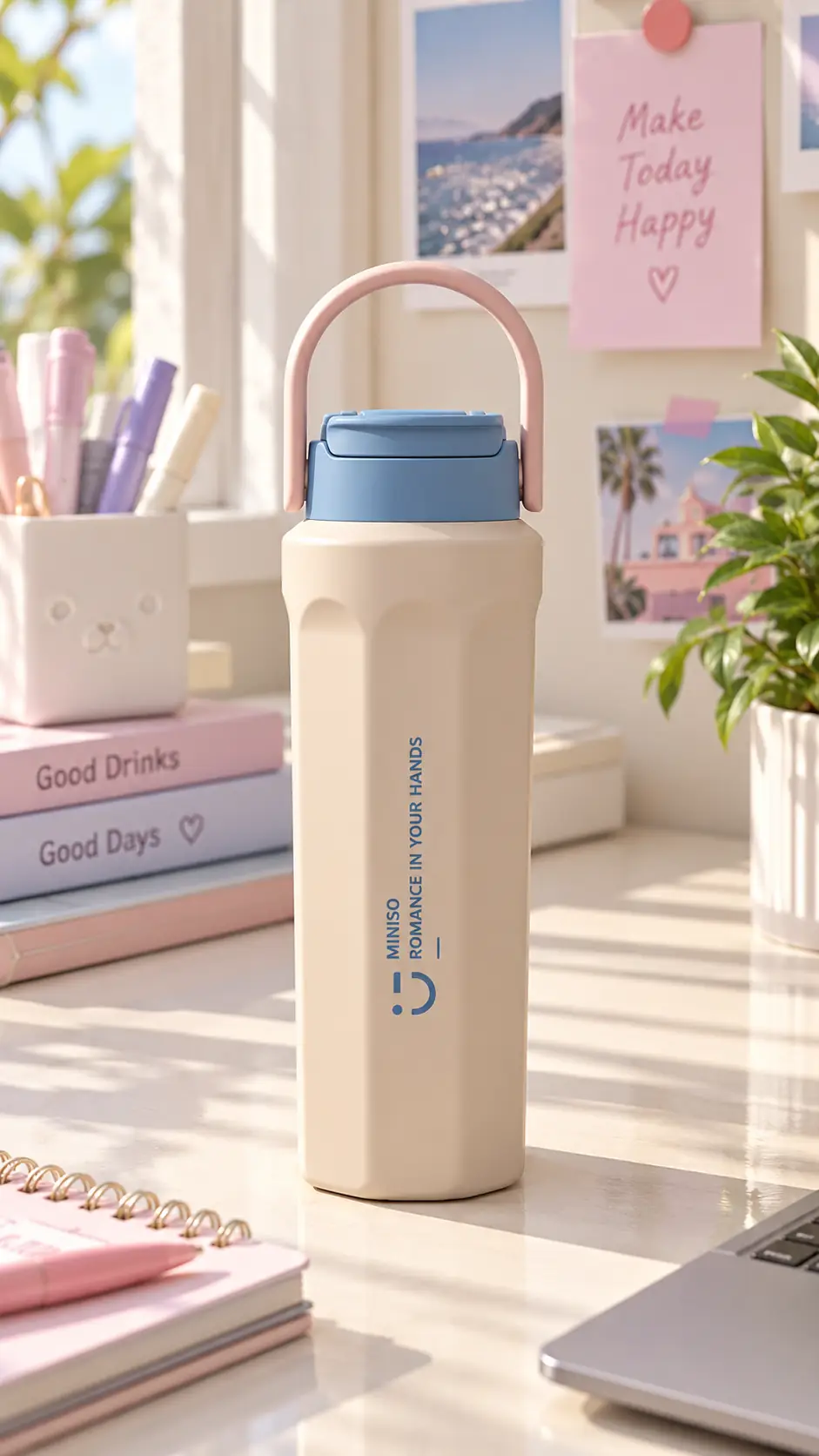 Miniso Lisanslı Çift Cidarlı Çelik Şişe 600 mL Mavi – Paslanmaz Çelik Tasarım