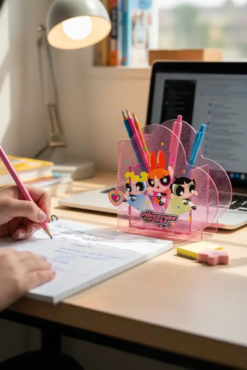 Powerpuff Girls Lisanslı Kalpli Kalemlik Şeffaf Pembe Masaüstü Organizer 12 Cm