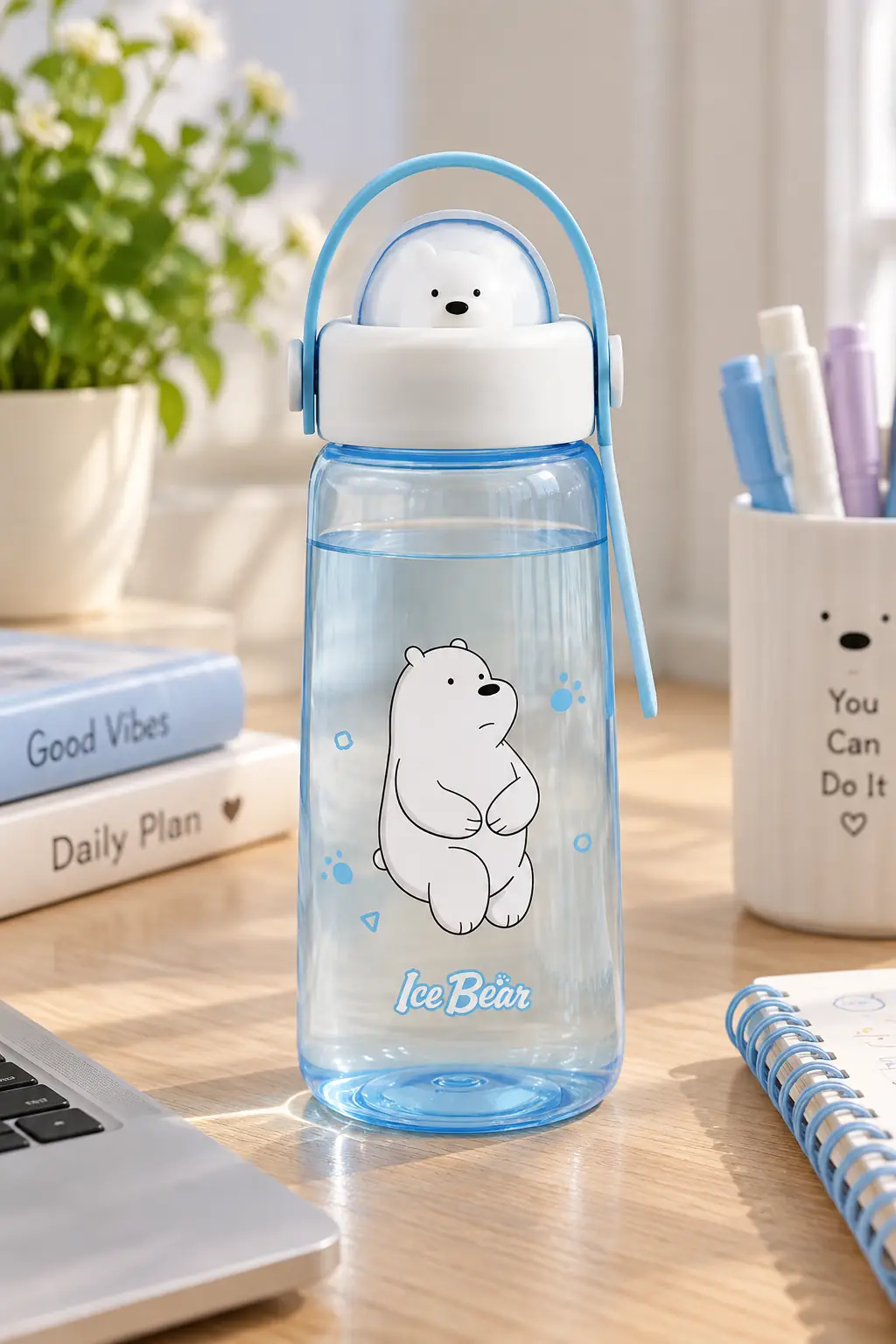 We Bare Bears Lisanslı Kutup Ayısı Figürlü Plastik Şişe – Sızdırmaz ve Hafif Matara 600 ML