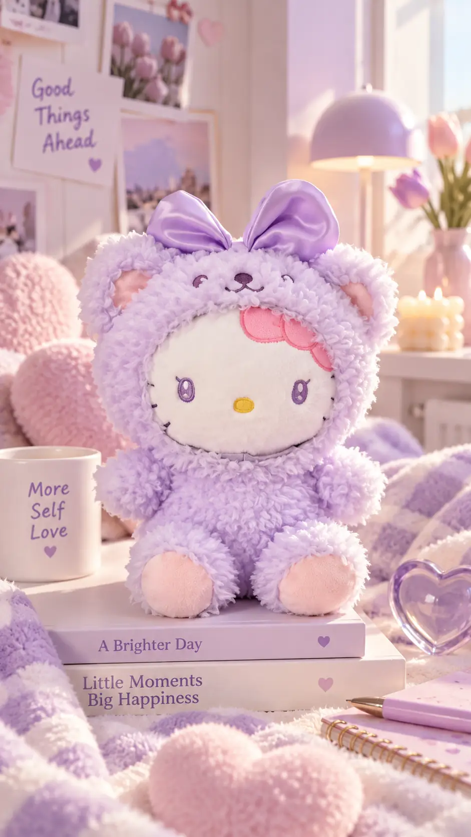Hello Kitty Lisanslı Oturan Peluş Oyuncak 25 cm – Mor, Yumuşak ve Koleksiyonluk