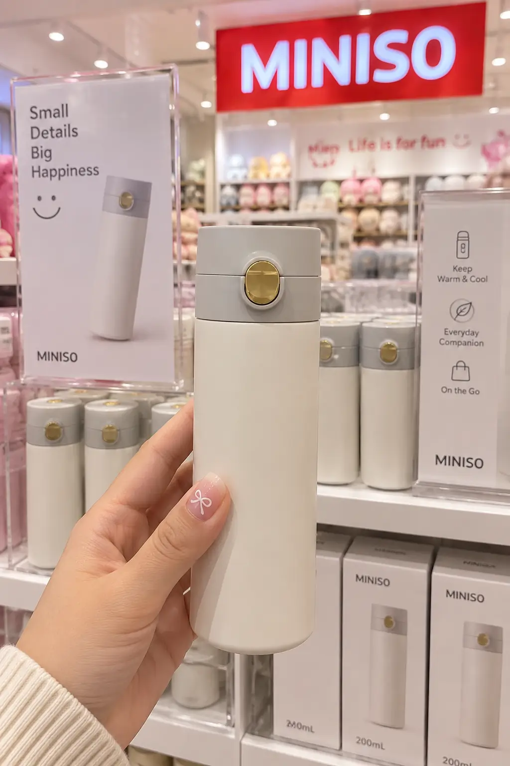 Miniso Lisanslı Kapaklı Tek Renkli Termos Bej 200 Ml – Paslanmaz Çelik