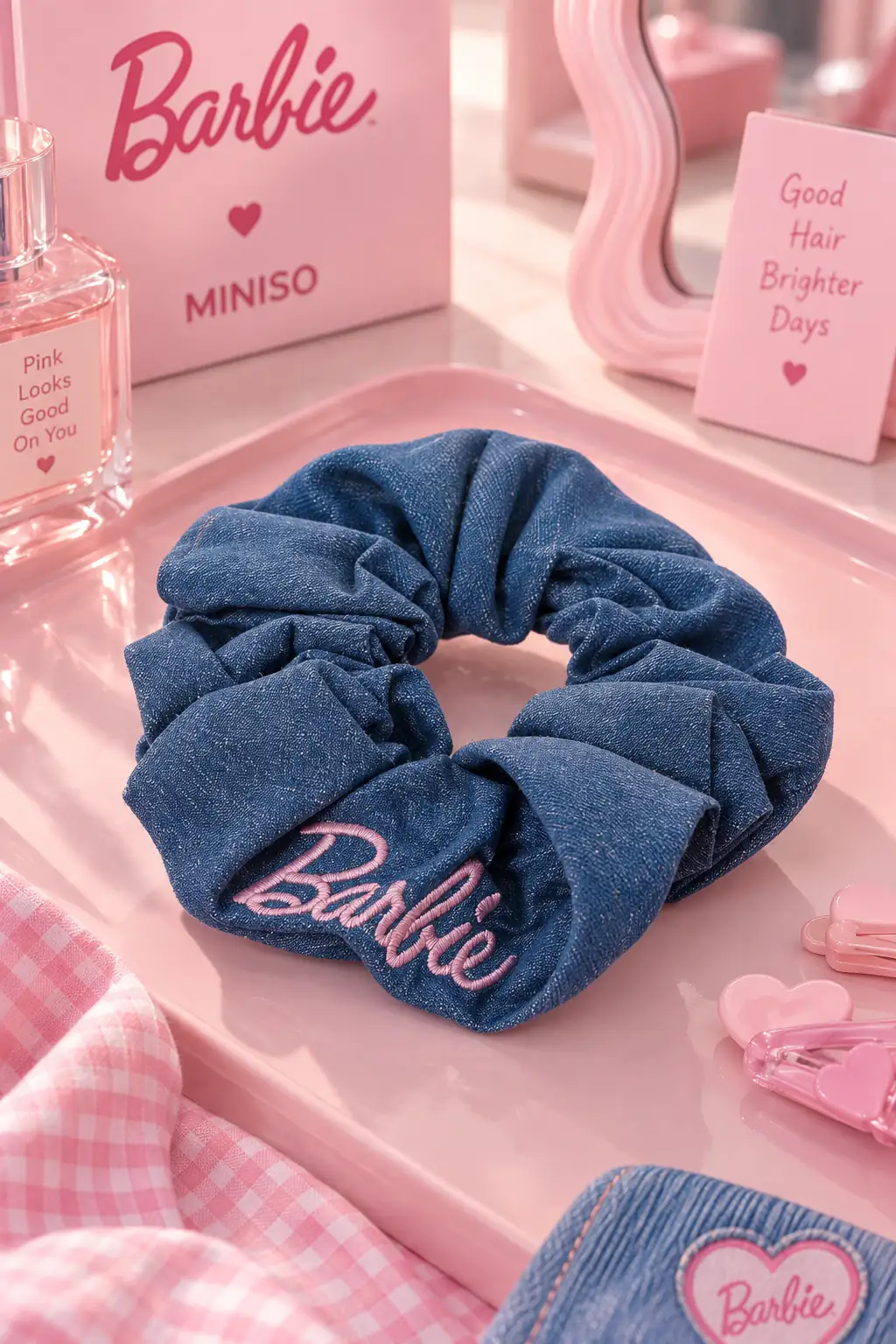 Barbie Lisanslı Pembe Serisi Saç Tokası – Denim Görünümlü Nakışlı Şık Lastik Toka 13 Cm