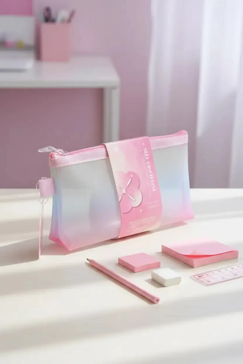 Miniso Lisanslı A6 Degrade Pembe Fileli Kırtasiye Çantası – Tek Katlı ve Kompakt