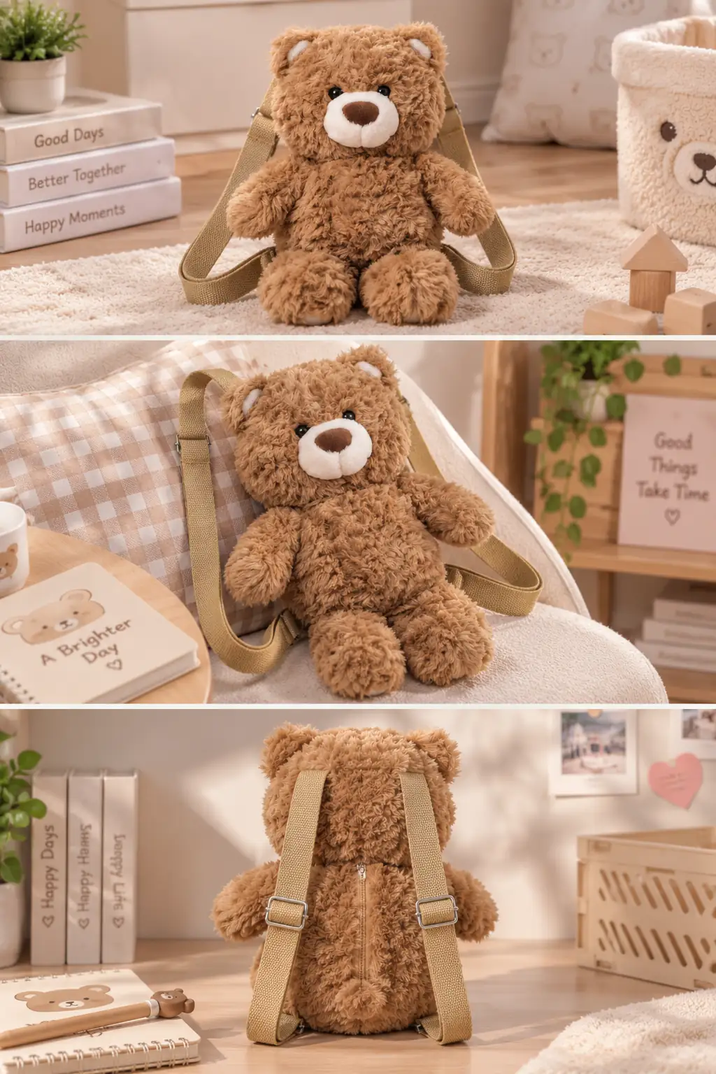Miniso Lisanslı Hediye Ayı Peluş Sırt Çantası Kahverengi Ayarlanabilir Askılı Çocuk Çantası