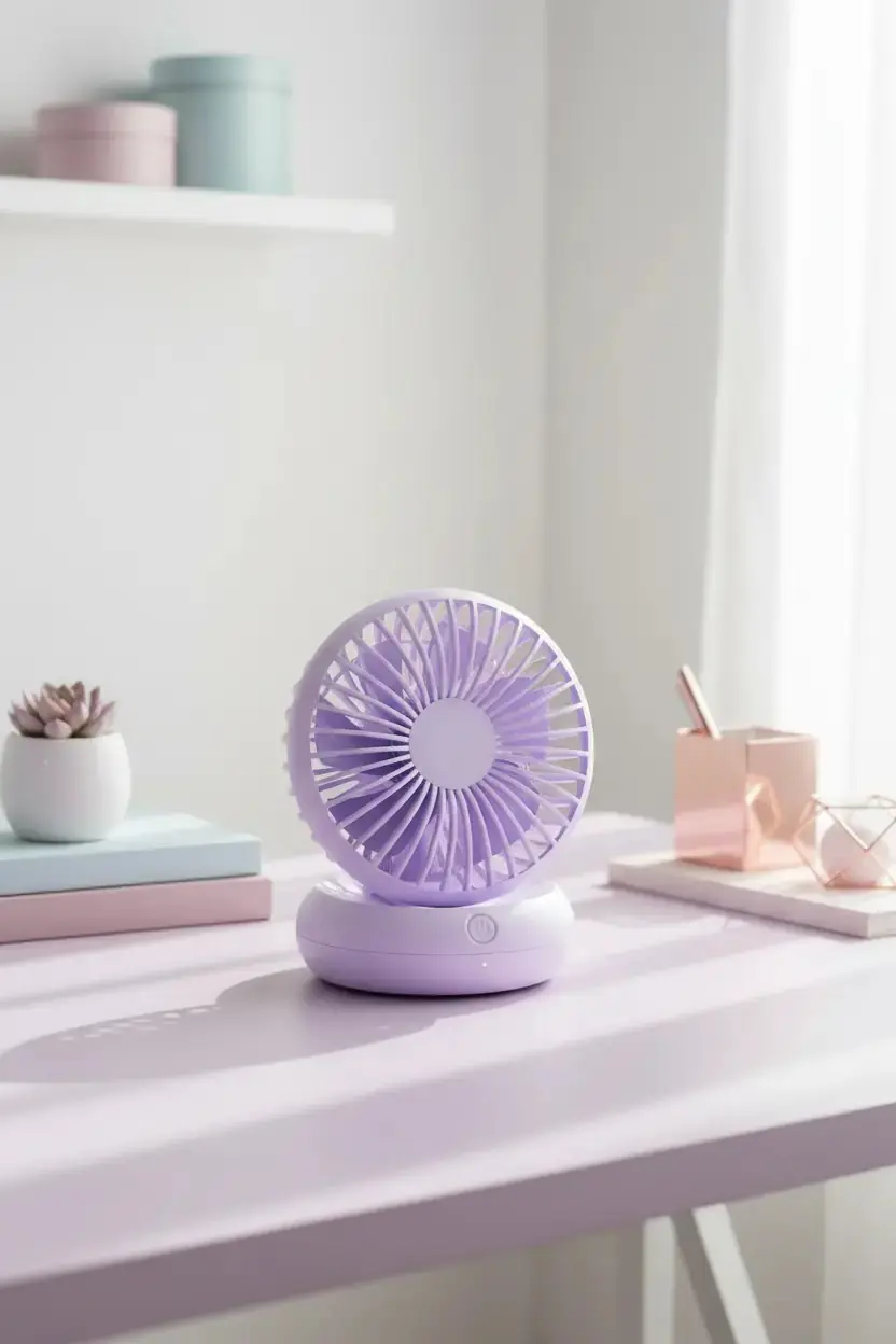 Miniso Lisanslı Soğutmalı Taşınabilir Masaüstü Fan Mor – Çok Kademeli Hız Ayarlı Şık Tasarım 14 Cm