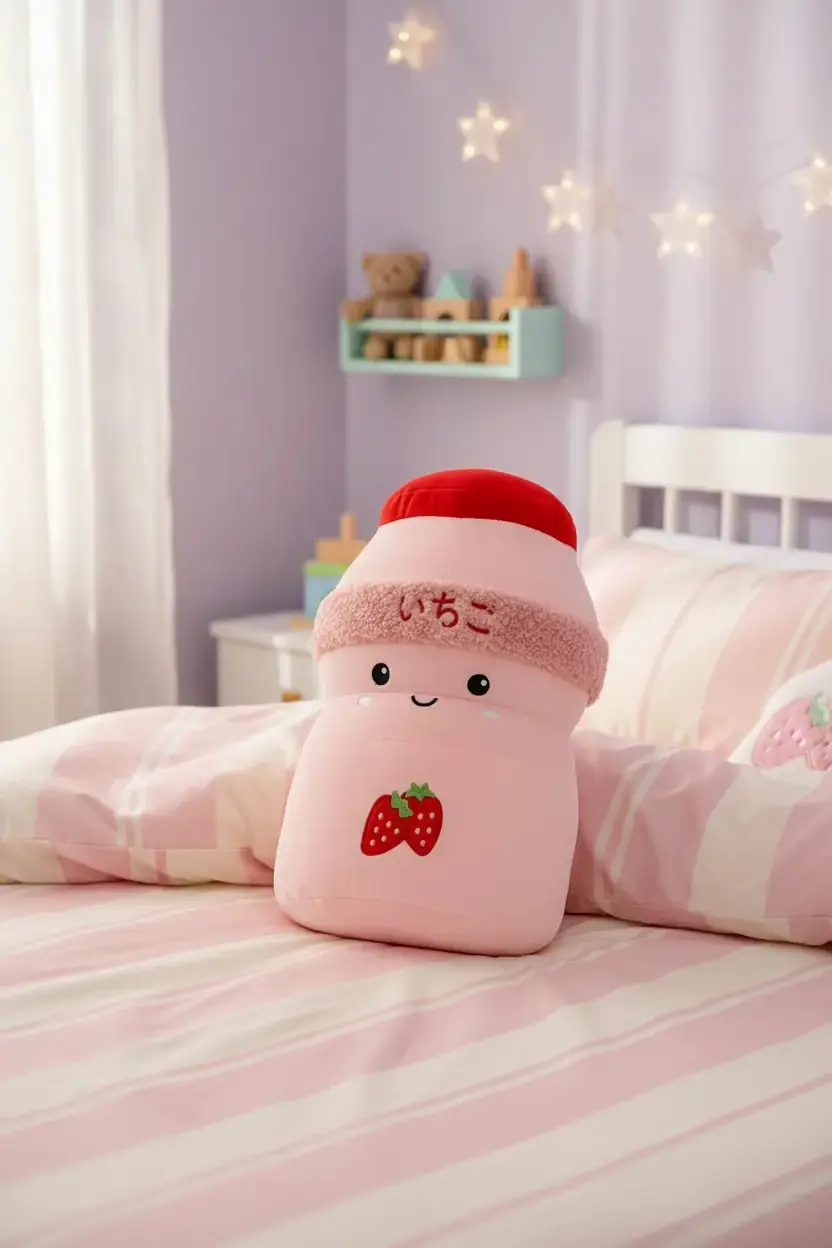 Miniso Lisanslı Çilekli Milkshake Figürlü Dekoratif Yastık 28 Cm – Yumuşak Eğlenceli Tasarım
