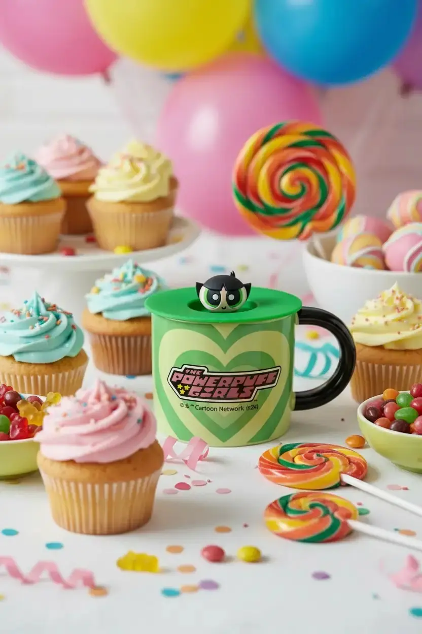 Powerpuff Girls Lisanslı Buttercup Kapaklı Seramik Bardak Yeşil 340 mL 8 Cm