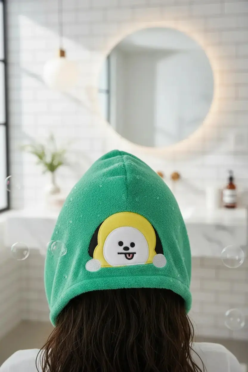BT21 Lisanslı Düğmeli Ultra Emici Mikrofiber Saç Kurutma Havlusu Chimmy 13 cm
