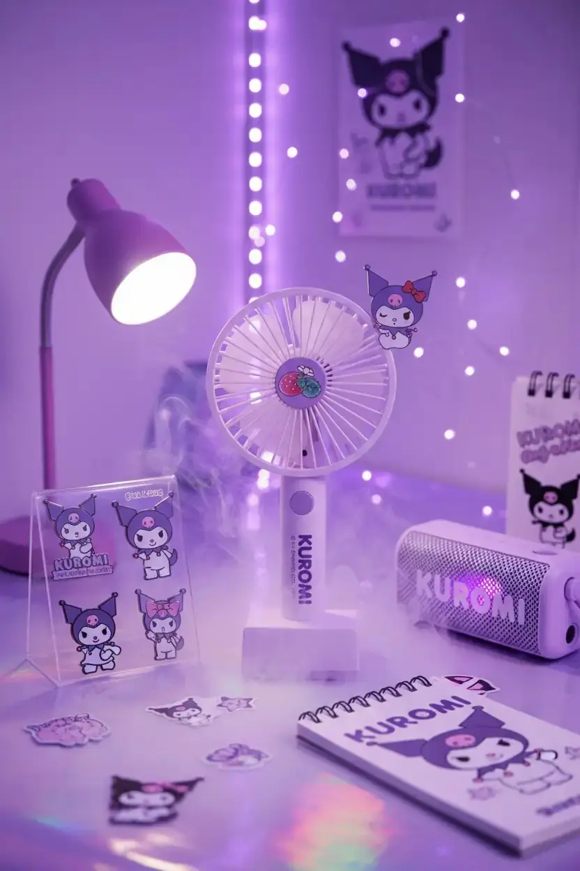 Sanrio Lisanslı Kuromi Mini El Vantilatörü – Taşınabilir Şarjlı Serinletici 21,5 Cm