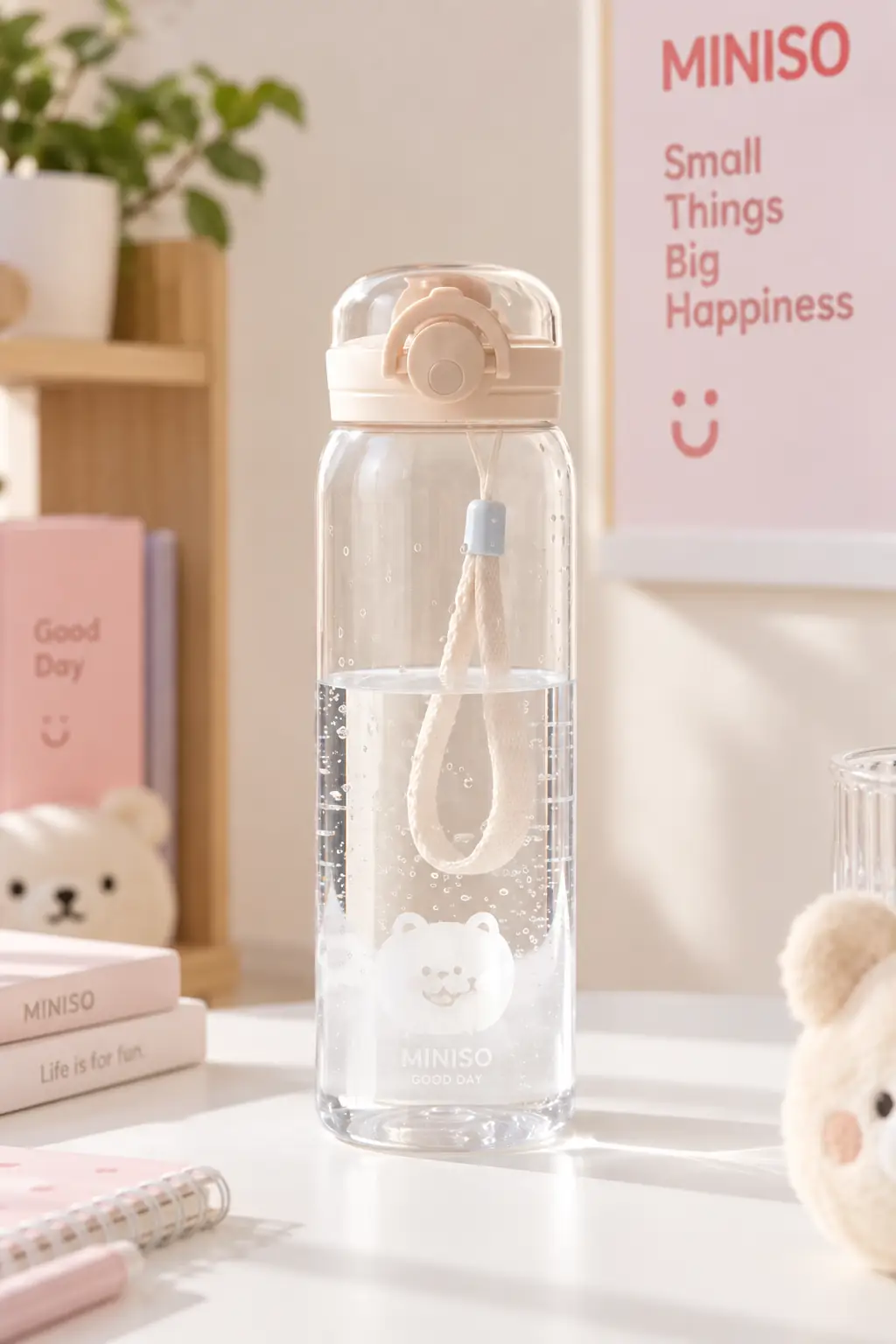 Miniso Lisanslı Hayvan Serisi Kapaklı Plastik Şişe Bej 620 Ml – Kayışlı