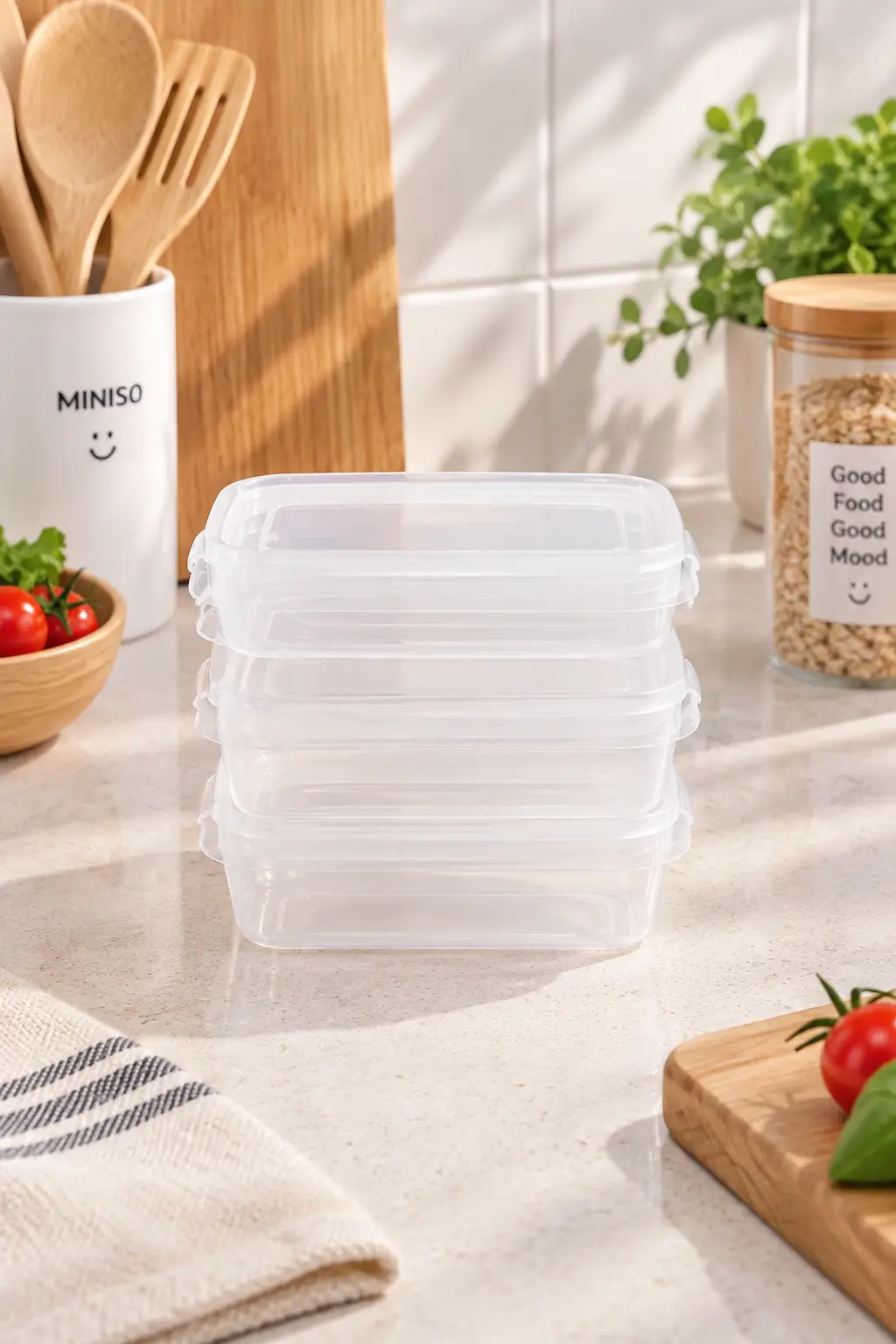 Miniso Lisanslı Şeffaf Beyaz Dikdörtgen Yemek Kabı Seti 4’lü 180 Ml
